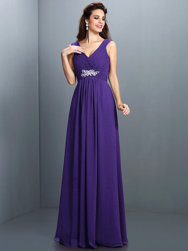 V-Neck Elegant Beading Pleats Sleeveless Long Chiffon Bridesmaid Dresses