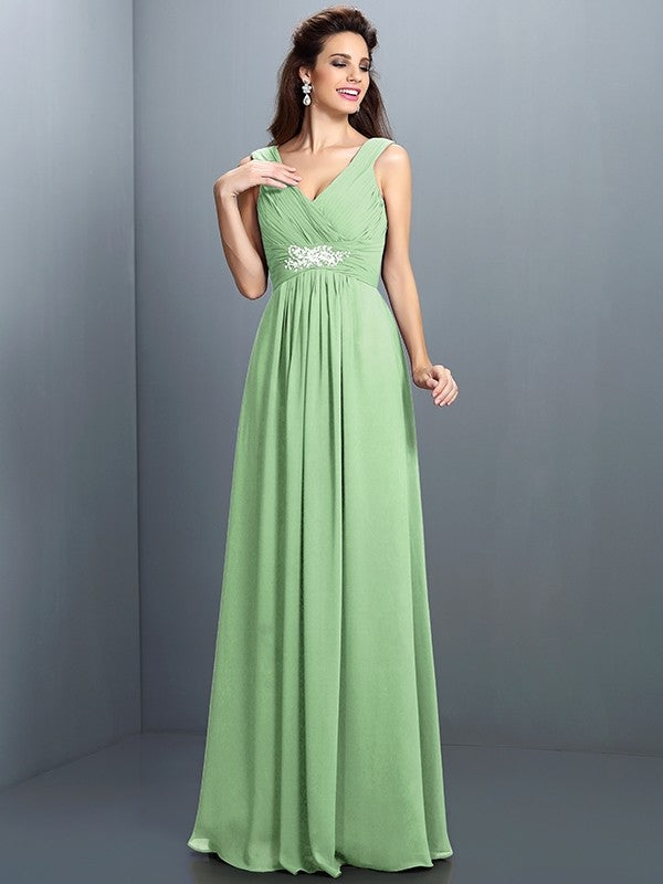 V-Neck Elegant Beading Pleats Sleeveless Long Chiffon Bridesmaid Dresses