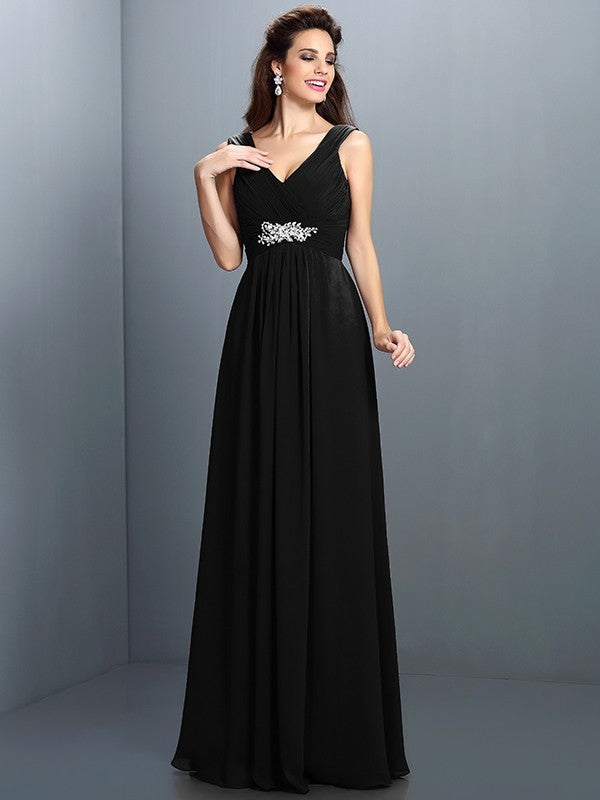 V-Neck Elegant Beading Pleats Sleeveless Long Chiffon Bridesmaid Dresses