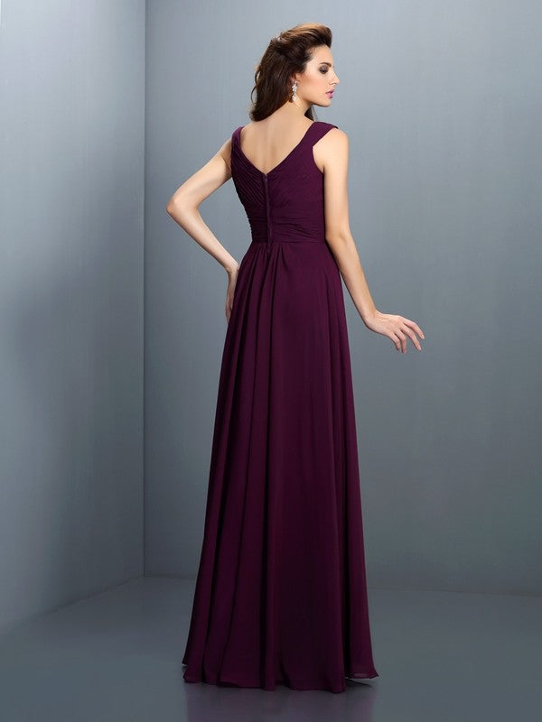 V-Neck Elegant Beading Pleats Sleeveless Long Chiffon Bridesmaid Dresses