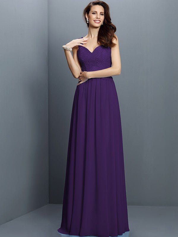 V-Neck Elegant Lace Sleeveless Long Chiffon Bridesmaid Dresses