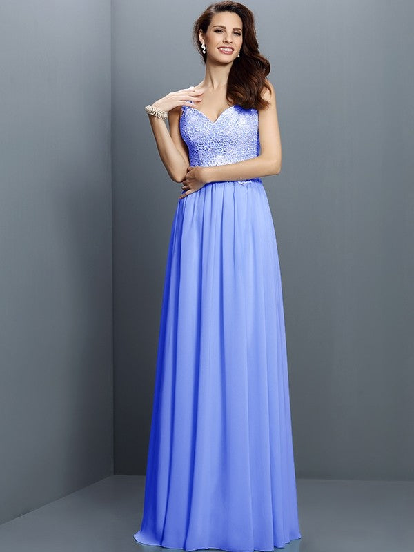 V-Neck Elegant Lace Sleeveless Long Chiffon Bridesmaid Dresses