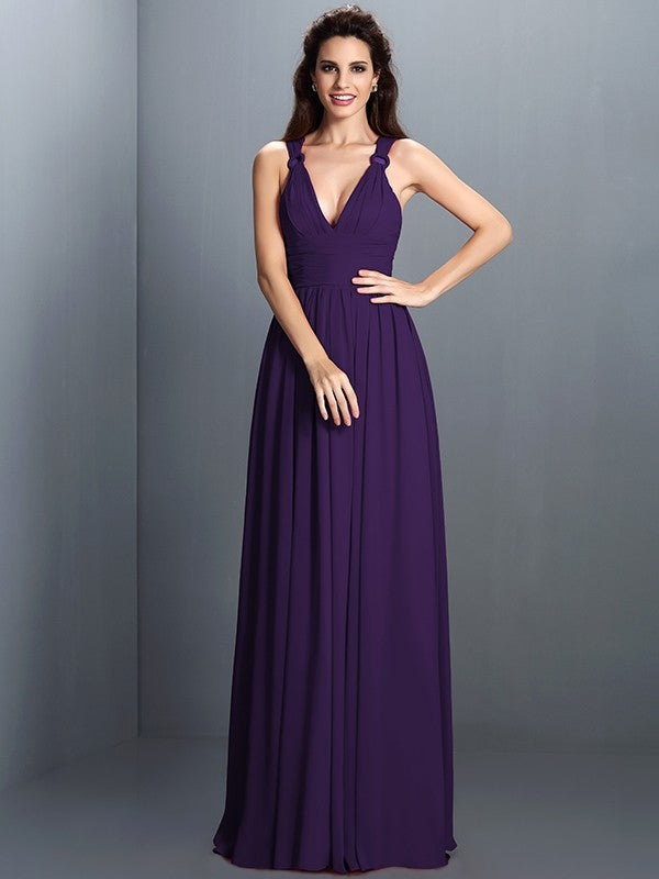 V-Neck Elegant Pleats Sleeveless Long Chiffon Bridesmaid Dresses