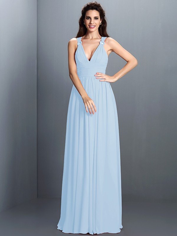 V-Neck Elegant Pleats Sleeveless Long Chiffon Bridesmaid Dresses