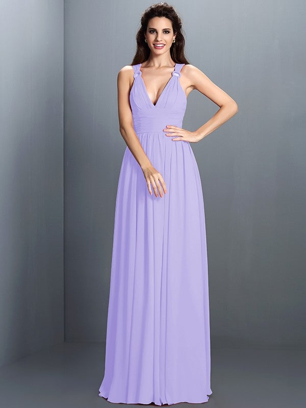 V-Neck Elegant Pleats Sleeveless Long Chiffon Bridesmaid Dresses