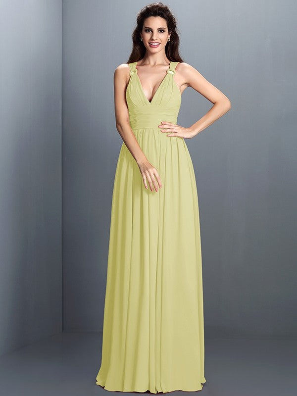 V-Neck Elegant Pleats Sleeveless Long Chiffon Bridesmaid Dresses