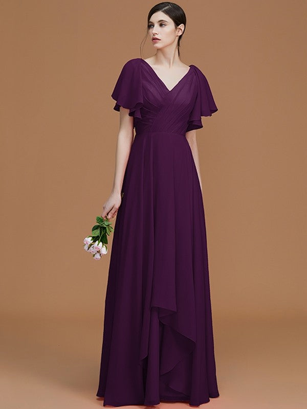 V-Neck Elegant Short Sleeves Ruched Chiffon Bridesmaid Dresses