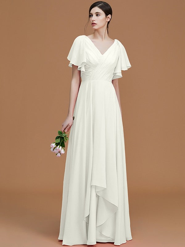 V-Neck Elegant Short Sleeves Ruched Chiffon Bridesmaid Dresses