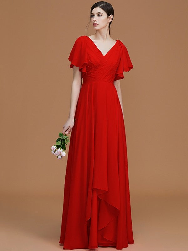 V-Neck Elegant Short Sleeves Ruched Chiffon Bridesmaid Dresses