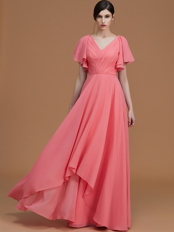 V-Neck Elegant Short Sleeves Ruched Chiffon Bridesmaid Dresses