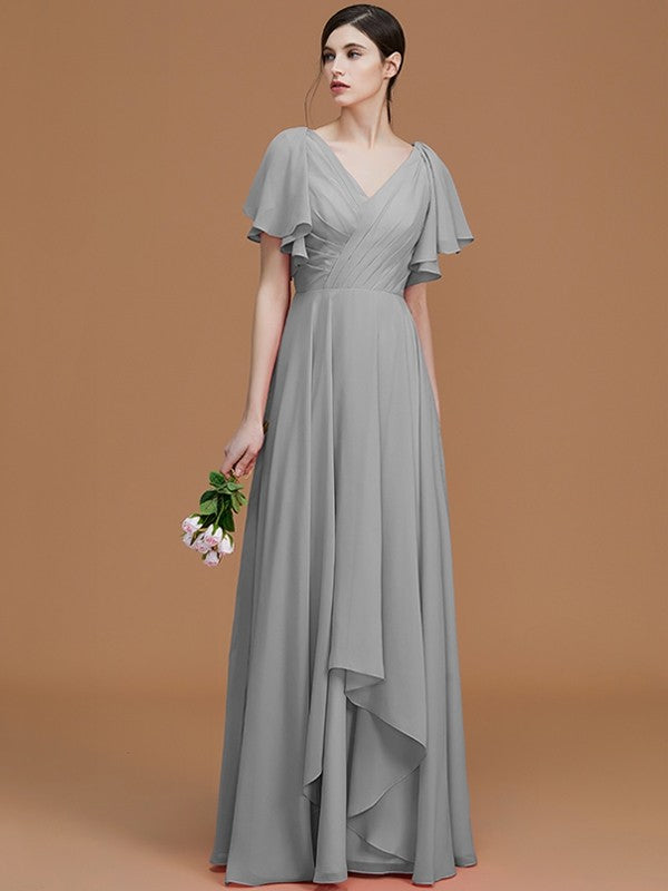 V-Neck Elegant Short Sleeves Ruched Chiffon Bridesmaid Dresses