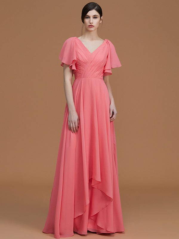 V-Neck Elegant Short Sleeves Ruched Chiffon Bridesmaid Dresses