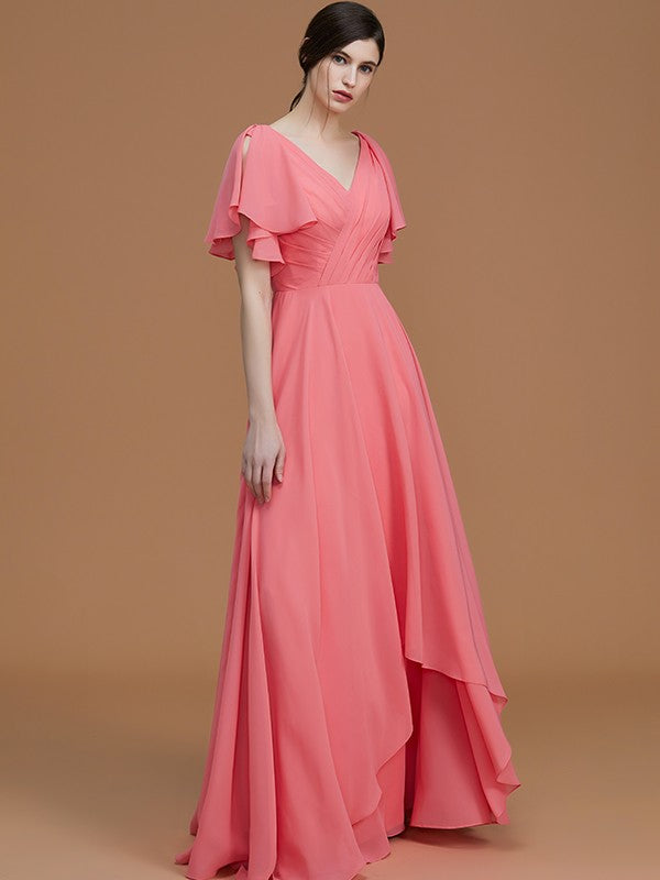 V-Neck Elegant Short Sleeves Ruched Chiffon Bridesmaid Dresses