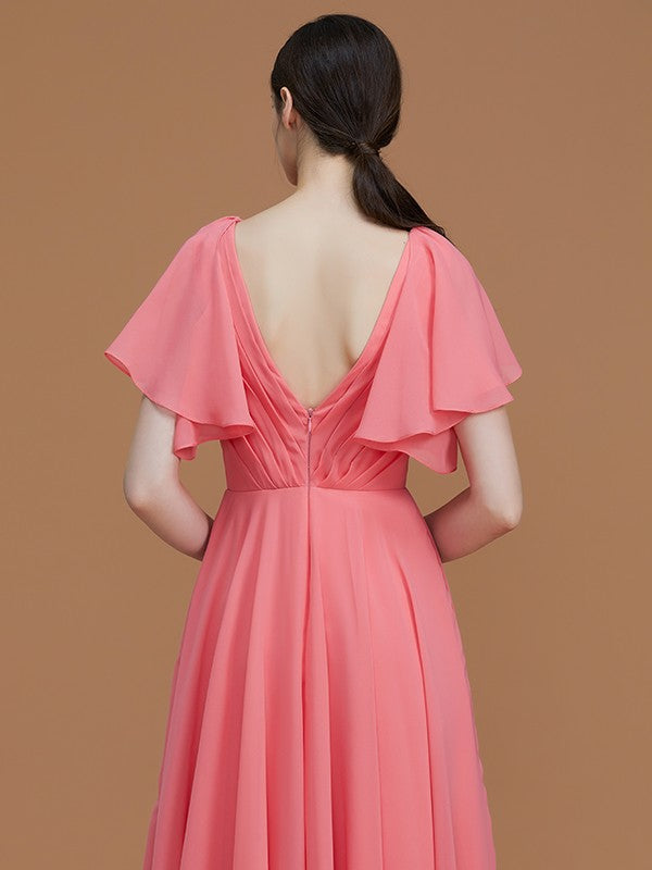 V-Neck Elegant Short Sleeves Ruched Chiffon Bridesmaid Dresses