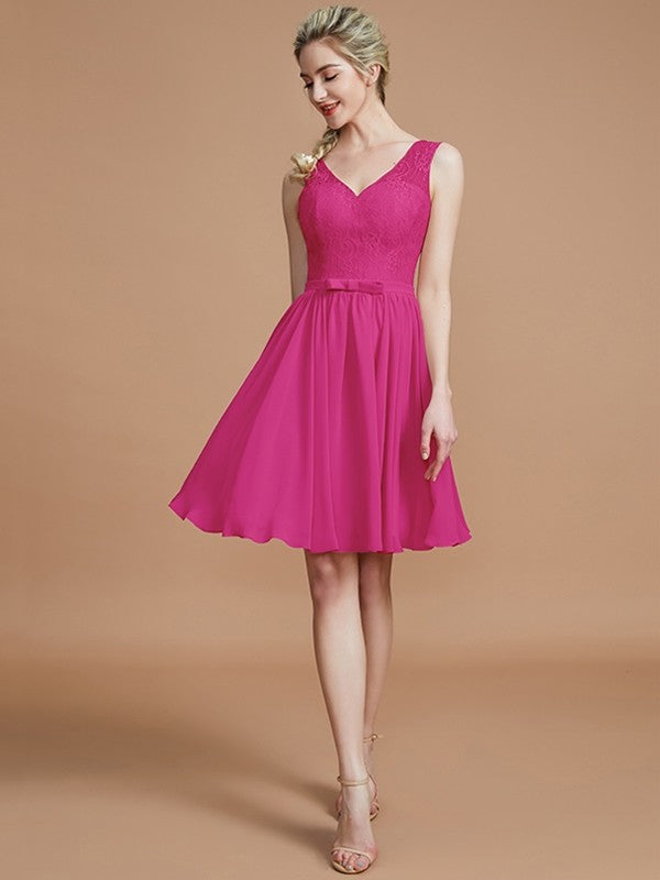 V-Neck Elegant Sleeveless Lace Short/Mini Chiffon Bridesmaid Dresses