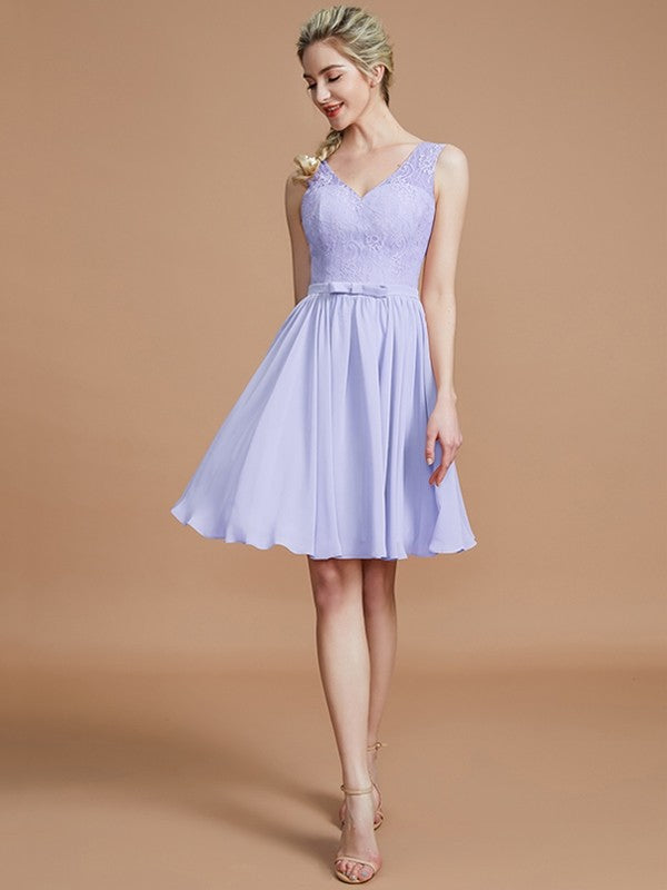 V-Neck Elegant Sleeveless Lace Short/Mini Chiffon Bridesmaid Dresses