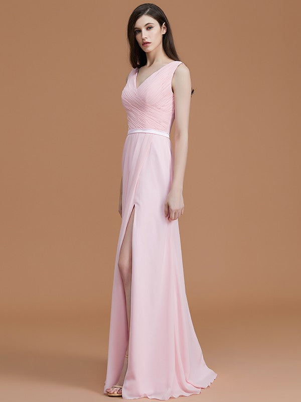 V-Neck Elegant Sleeveless Ruched Chiffon Bridesmaid Dresses