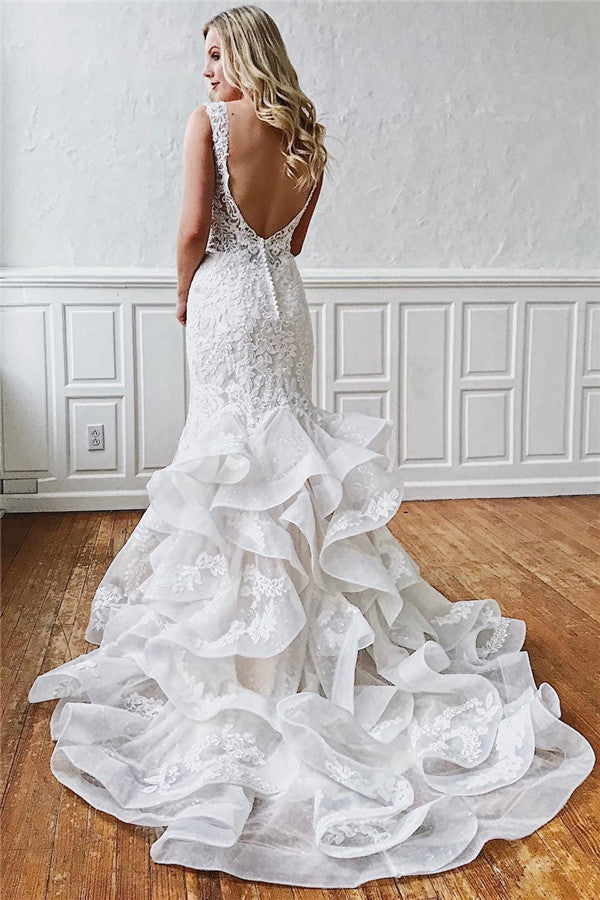 V-Neck Mermaid Lace Wedding Dress With Ruffles