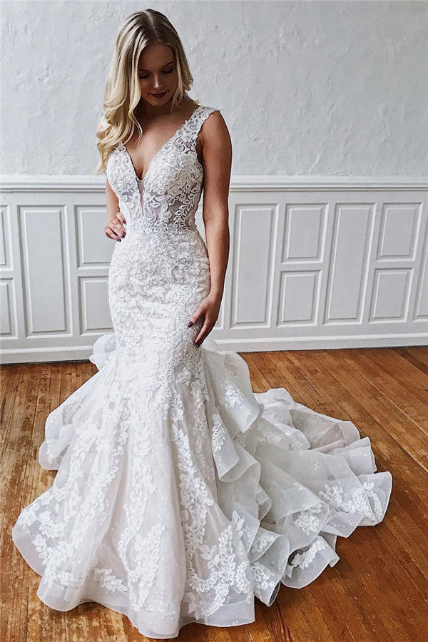 V-Neck Mermaid Lace Wedding Dress With Ruffles