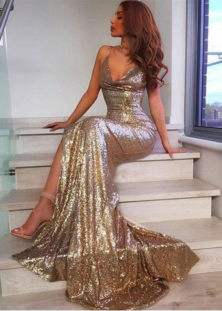 V-Neck Sequins Prom Party Gowns| Mermaid Evening Dress With Slit