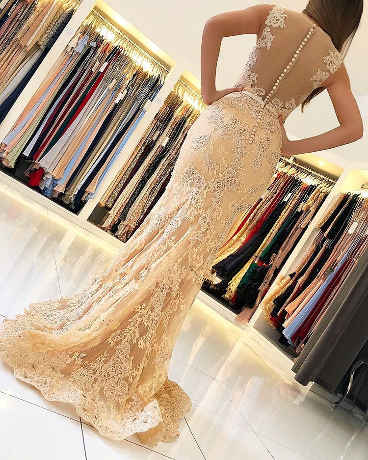 V-Neck Sleeveless Mermaid Evening Dress Lace Appliques