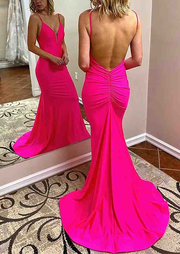 V-Neck Spaghetti Straps Court Train Jersey Prom Dress/Evening Dress with Pleated Trumpet/Mermaid Silhouette