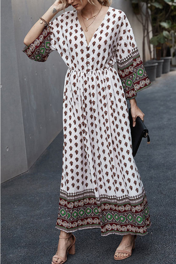 Boho V-neck Buttoned Print Maxi Dress - Mislish