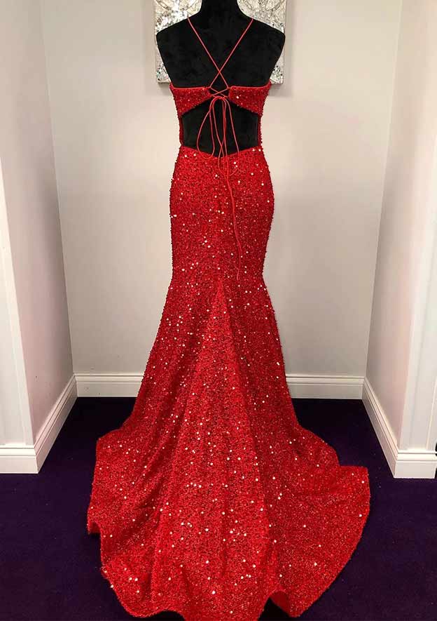 Velvet Sequins Prom Dress/Evening Dress with Trumpet/Mermaid Halter Sleeveless Sweep Train