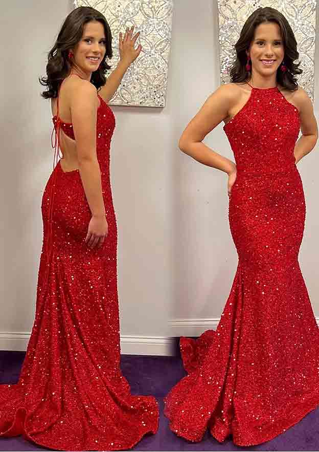 Velvet Sequins Prom Dress/Evening Dress with Trumpet/Mermaid Halter Sleeveless Sweep Train