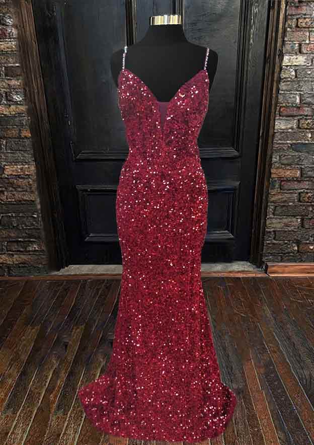 Velvet Sequins Trumpet/Mermaid Prom Dress/Evening Dress with Sleeveless V-Neck and Sweep Train