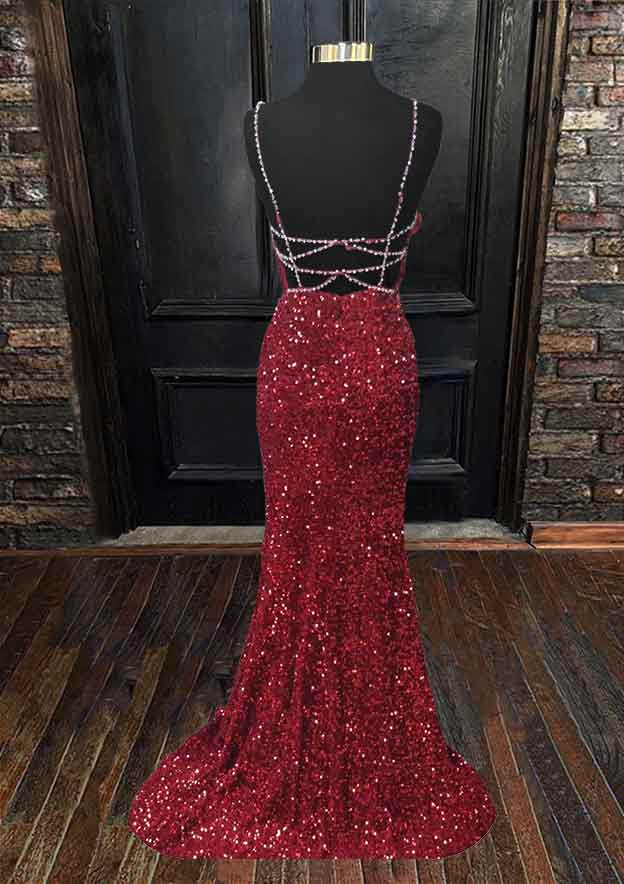 Velvet Sequins Trumpet/Mermaid Prom Dress/Evening Dress with Sleeveless V-Neck and Sweep Train