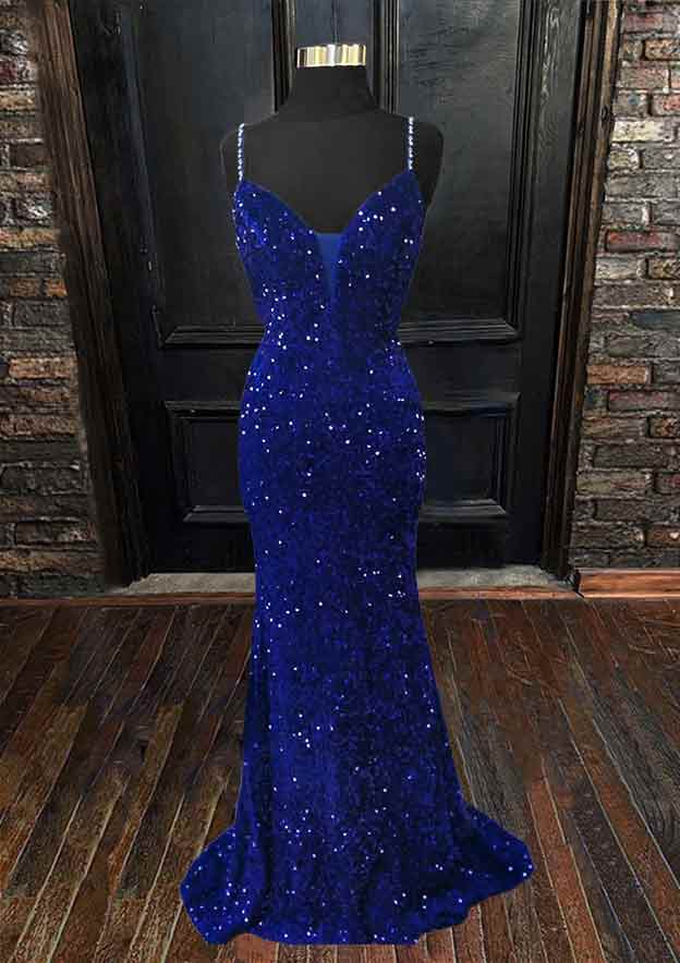 Velvet Sequins Trumpet/Mermaid Prom Dress/Evening Dress with Sleeveless V-Neck and Sweep Train