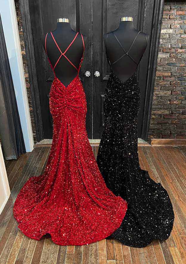 Velvet Sequins Trumpet/Mermaid V-Neck Court Train Prom Dress/Evening Dress with Pleated Sleeveless