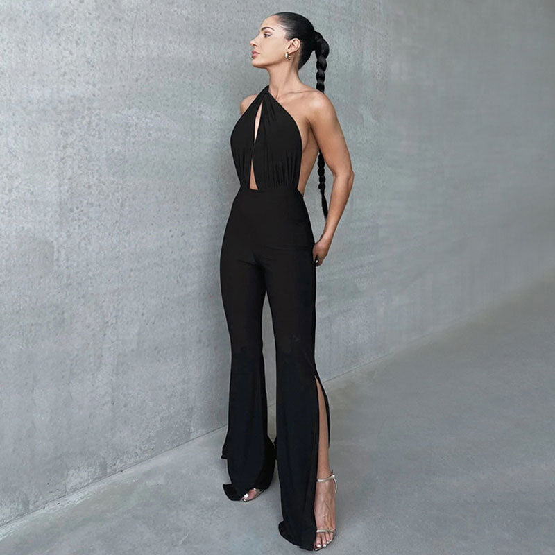 Versatile Halter Plunge Neck Backless Split Flared Leg Jumpsuit - Black