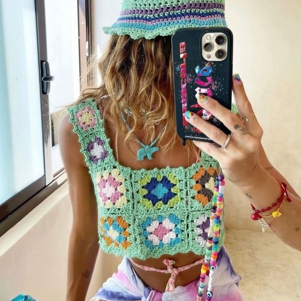 Vibrant Floral Pullover Granny Square Crochet Knit Tank Top - Mint