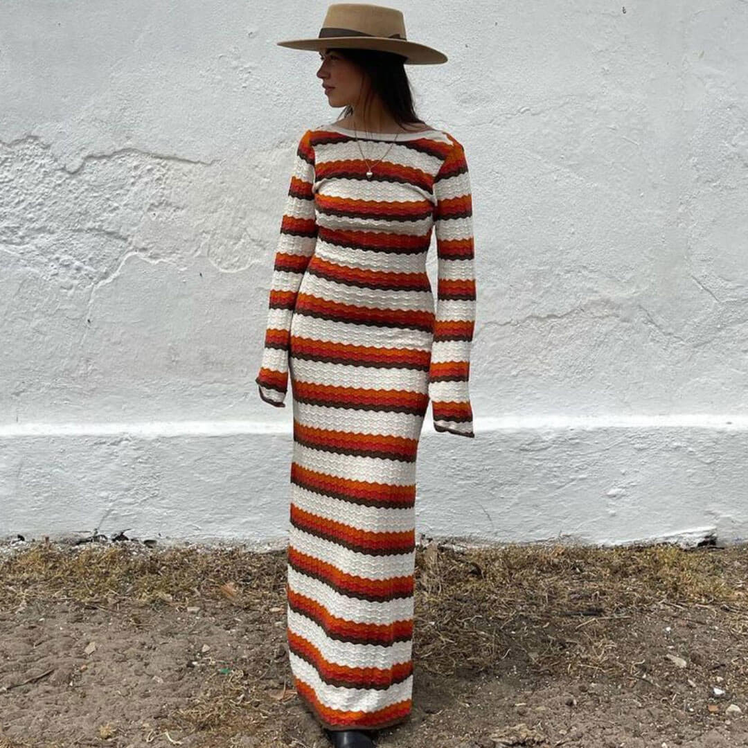 Vintage Boat Neck Open Back Contrast Striped Knit Maxi Vacation Dress