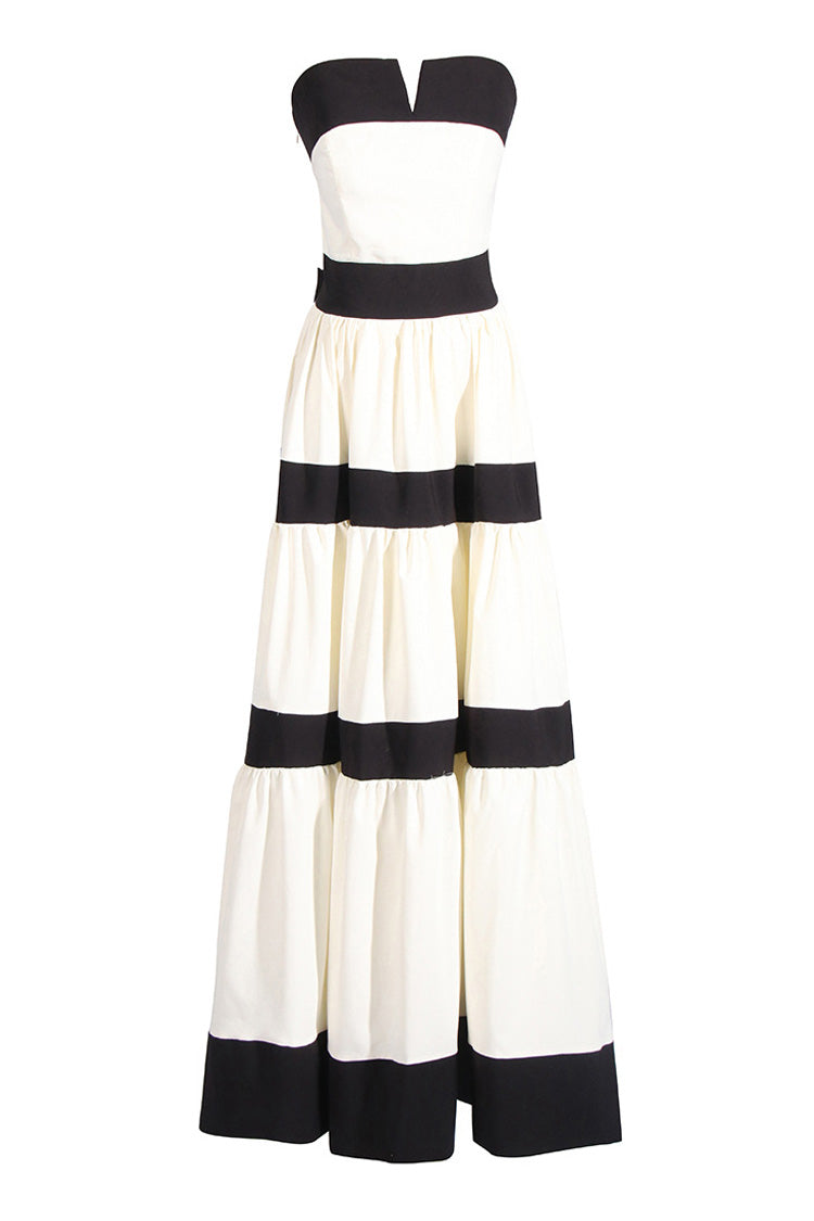 Vintage Bow Notched Strapless Contrast Striped Tiered Evening Maxi Dress