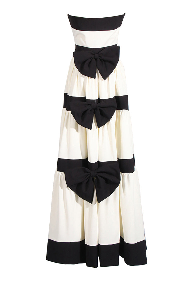 Vintage Bow Notched Strapless Contrast Striped Tiered Evening Maxi Dress