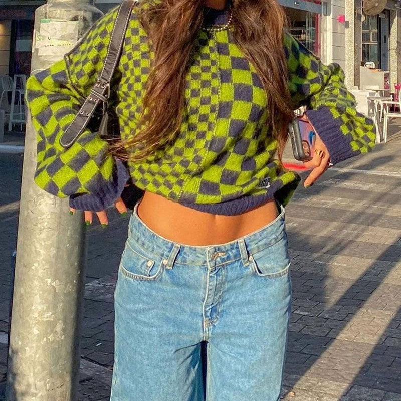 Vintage Checkered Pattern Long Sleeve Knitted Crop Sweater - Green