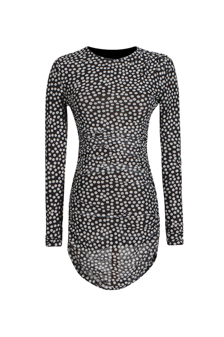 Vintage Crew Neck Long Sleeve Polka Dot Ruched Bodycon Mesh Party Mini Dress