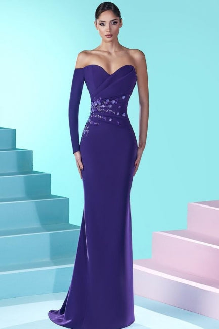 Vintage Long Purple Mermaid Long Sleeve Beaded Prom Gown - Fashionpara