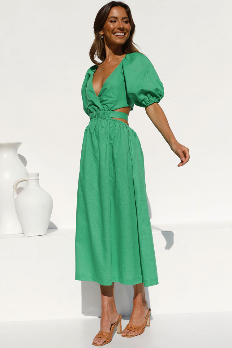 Vintage Puff Sleeve Deep V Cutout Beach Vacation Midi Dress - Green