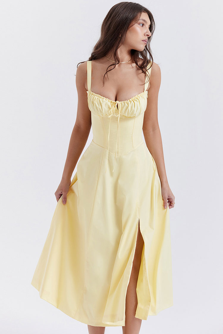 Vintage Tie Front Lace Up Back Fit & Flare Split Midi Sundress - Yellow - Fashionpara