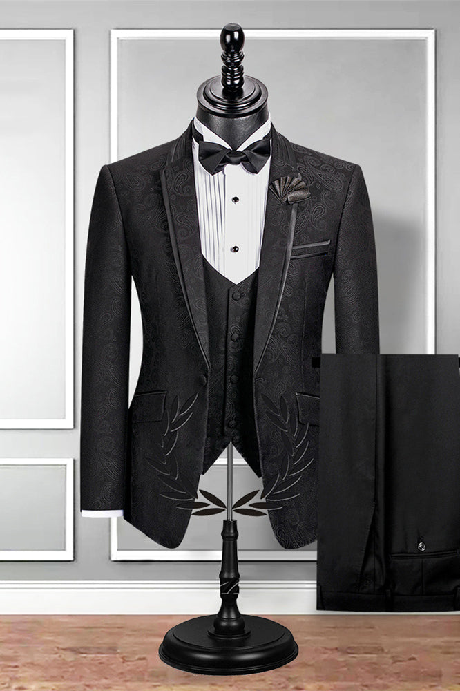 Well-cut Notch Lapel Black Groom Suit Slim Fit Jacquard Wedding Tuxedo