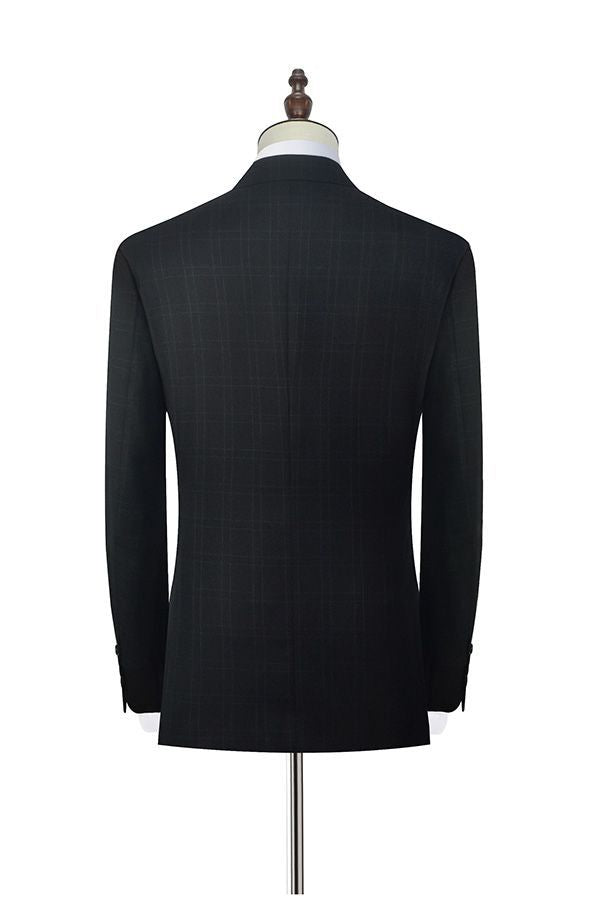 Well-cut Peak Lapel Plaid Two Button Black Mens Suits for Business