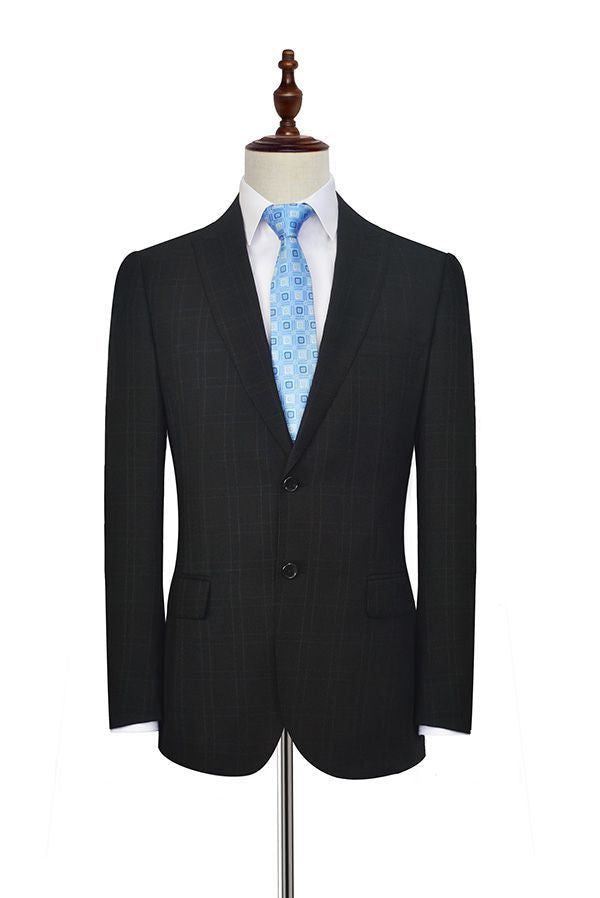 Well-cut Peak Lapel Plaid Two Button Black Mens Suits for Business