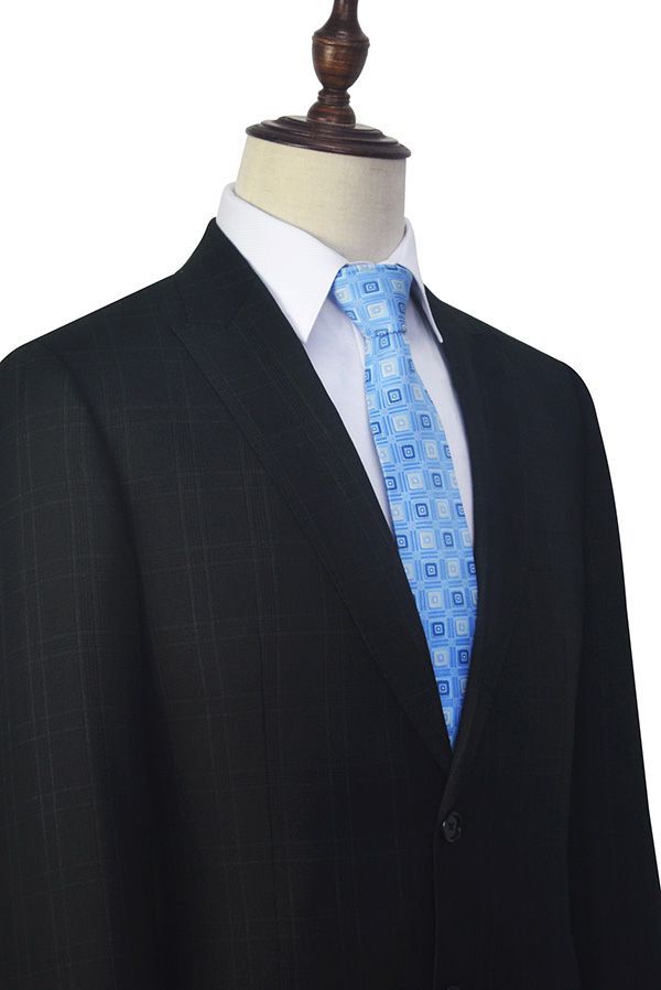 Well-cut Peak Lapel Plaid Two Button Black Mens Suits for Business