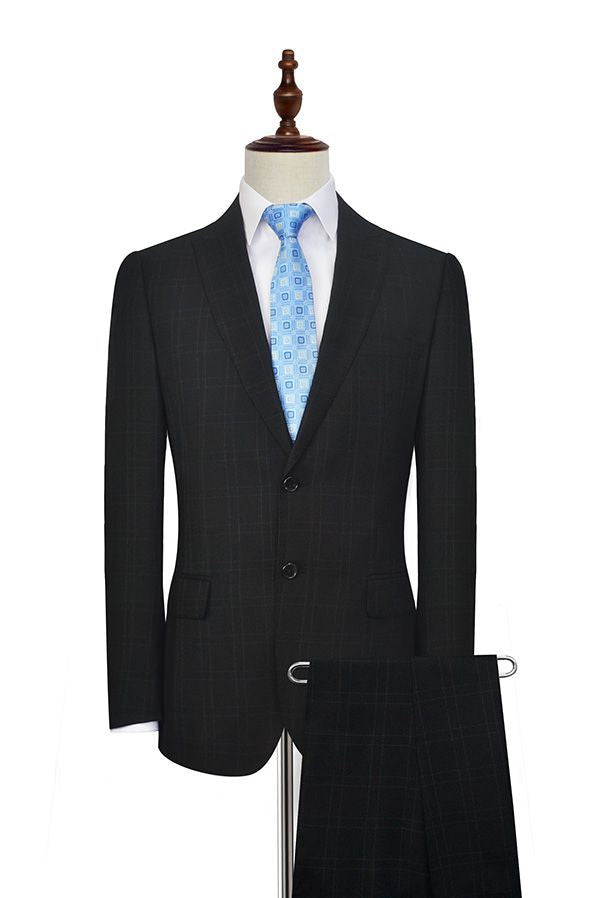 Well-cut Peak Lapel Plaid Two Button Black Mens Suits for Business