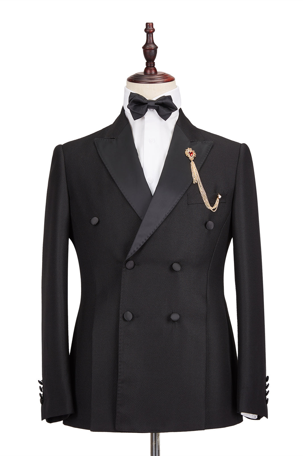 Well-cut Satin Peak Lapel Double Breasted Black Men Wedding Suit Groom Tuxedos