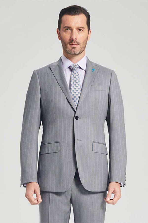 Well-cut Stripes Grey Suits Two Buttons Peak Lapel Business Mens Suits